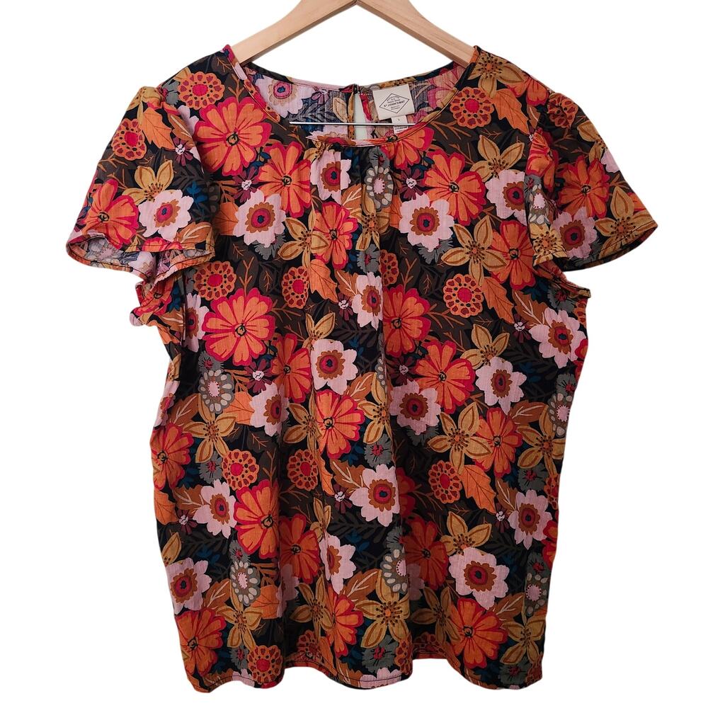 St. John's Bay Orange and Blue Floral Top with Butterfly Sleeves Size Large